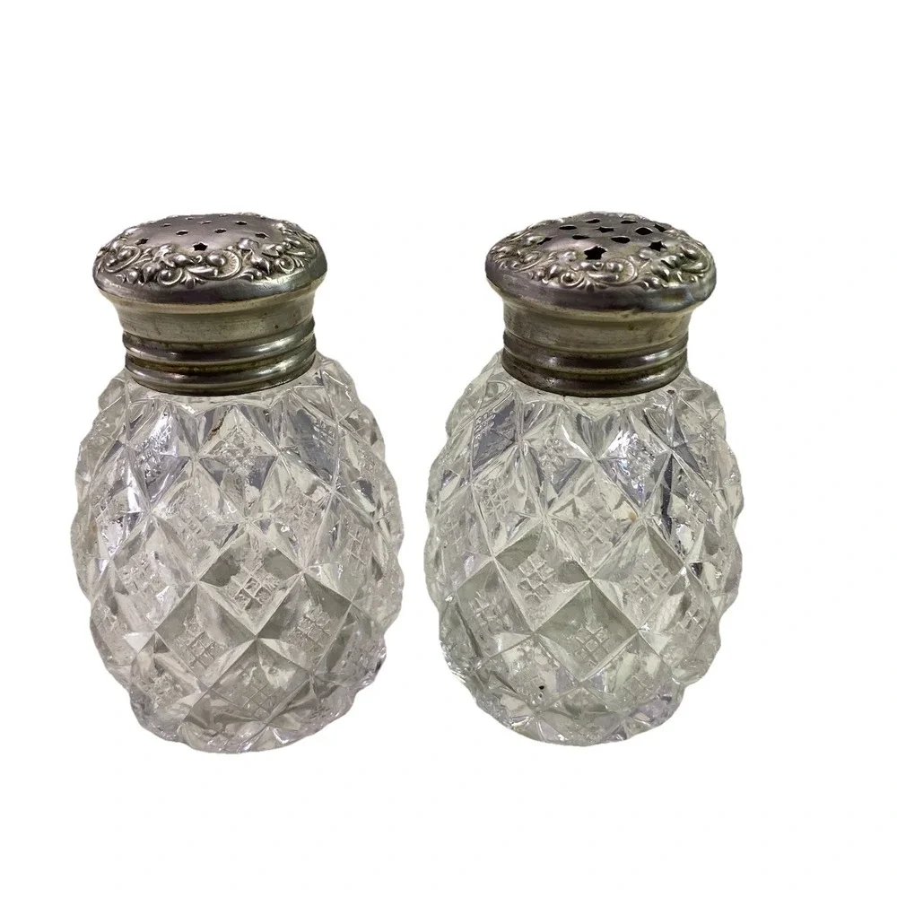 Vintage Mid Century Clear Leaded Crystal Pineapple Pattern Salt & Pepper Shakers